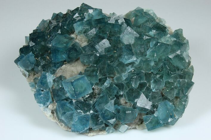 Cubic, Blue-Green Fluorite Crystals on Druzy Quartz - Fluorescent #185458